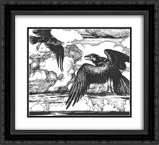 Illustration for the poem 'Two Crow' by Alexander Pushkin 22x20 Black Ornate Wood Framed Art Print Poster with Double Matting by Bilibin, Ivan