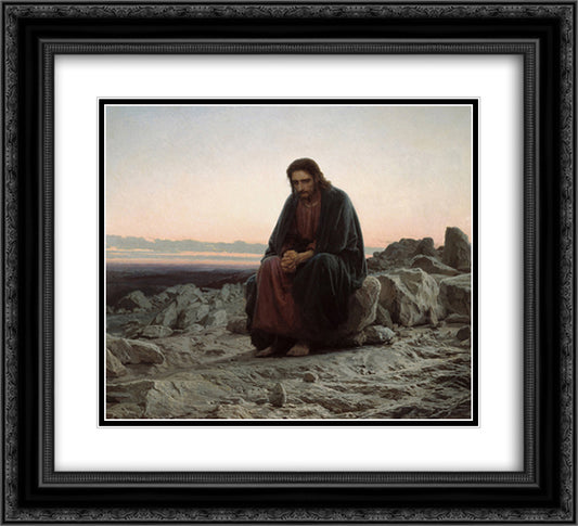 Christ in the Wilderness 22x20 Black Ornate Wood Framed Art Print Poster with Double Matting by Kramskoy, Ivan