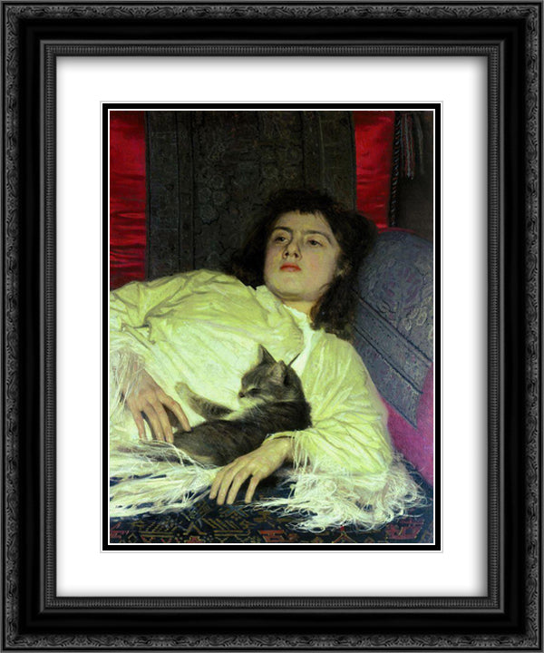 Girl with a Cat 20x24 Black Ornate Wood Framed Art Print Poster with Double Matting by Kramskoy, Ivan