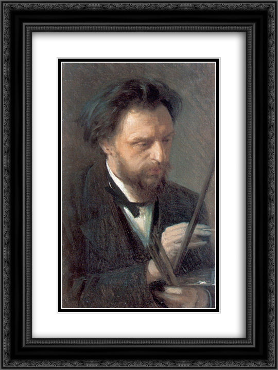 Portrait of the Artist G.G. Myasoedov 18x24 Black Ornate Wood Framed Art Print Poster with Double Matting by Kramskoy, Ivan