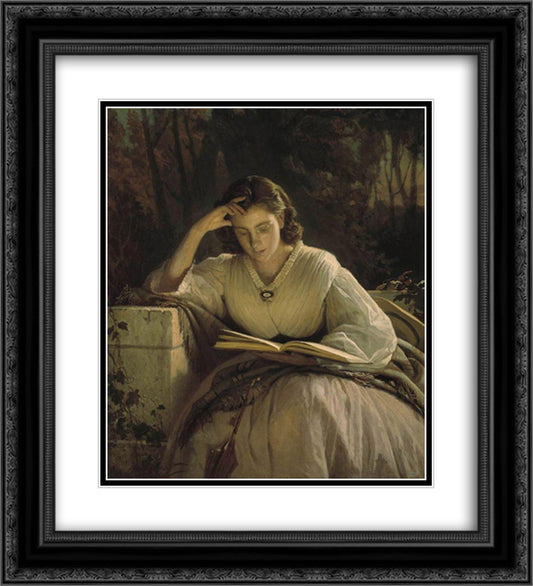 Reading 20x22 Black Ornate Wood Framed Art Print Poster with Double Matting by Kramskoy, Ivan