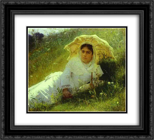 Woman with an Umbrella (In the Grass, Midday) 22x20 Black Ornate Wood Framed Art Print Poster with Double Matting by Kramskoy, Ivan