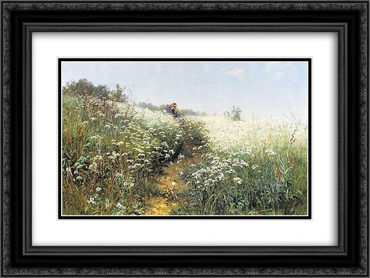 A woman under an umbrella on a flowering meadow 24x18 Black Ornate Wood Framed Art Print Poster with Double Matting by Shishkin, Ivan