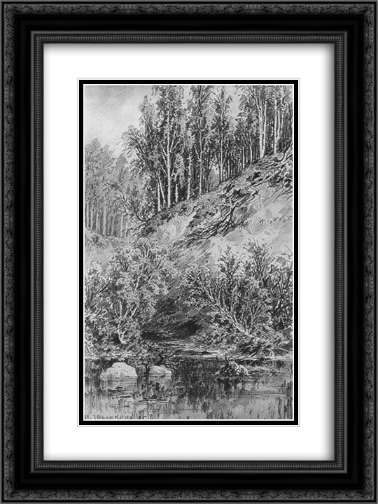 Bank of the stream 18x24 Black Ornate Wood Framed Art Print Poster with Double Matting by Shishkin, Ivan