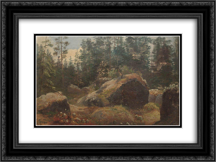 Boulders in forest 24x18 Black Ornate Wood Framed Art Print Poster with Double Matting by Shishkin, Ivan