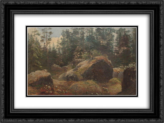 Boulders in forest 24x18 Black Ornate Wood Framed Art Print Poster with Double Matting by Shishkin, Ivan