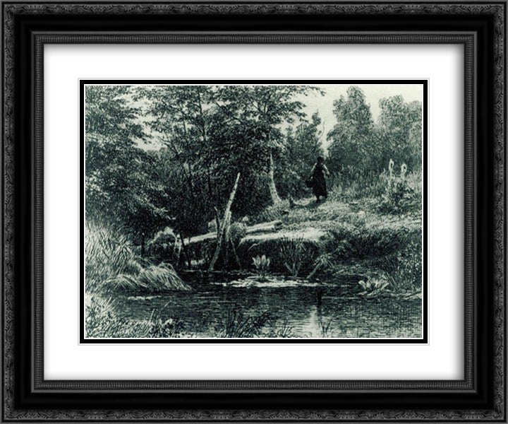 Bridge 24x20 Black Ornate Wood Framed Art Print Poster with Double Matting by Shishkin, Ivan