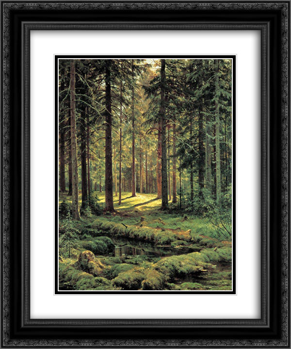 Coniferous Forest. Sunny Day 20x24 Black Ornate Wood Framed Art Print Poster with Double Matting by Shishkin, Ivan