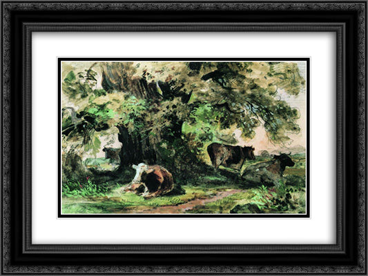 Cows under the oak 24x18 Black Ornate Wood Framed Art Print Poster with Double Matting by Shishkin, Ivan