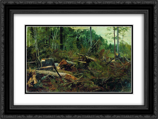 Felling 24x18 Black Ornate Wood Framed Art Print Poster with Double Matting by Shishkin, Ivan