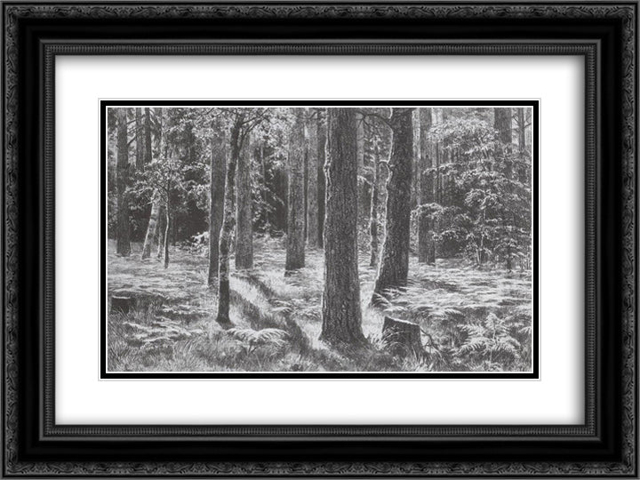 Ferns 24x18 Black Ornate Wood Framed Art Print Poster with Double Matting by Shishkin, Ivan