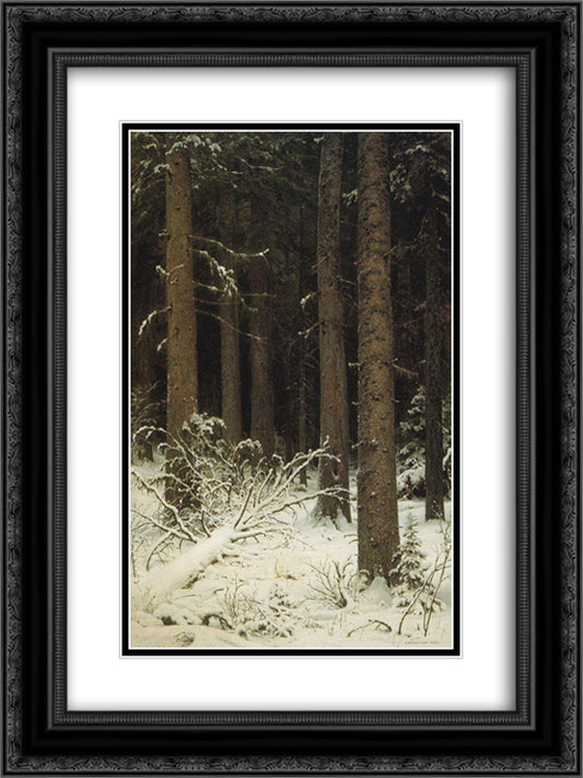 Fir forest in winter 18x24 Black Ornate Wood Framed Art Print Poster with Double Matting by Shishkin, Ivan