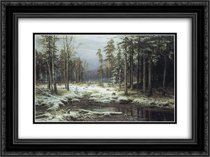 First Snow 24x18 Black Ornate Wood Framed Art Print Poster with Double Matting by Shishkin, Ivan