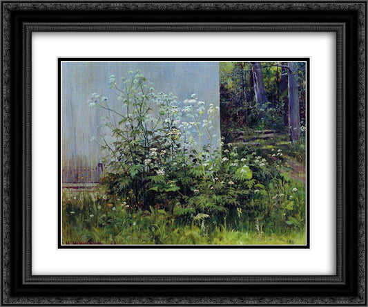 Flowers at the fence 24x20 Black Ornate Wood Framed Art Print Poster with Double Matting by Shishkin, Ivan