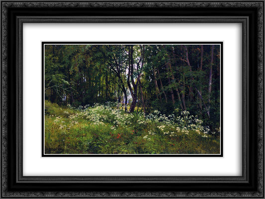 Flowers on the forest edge 24x18 Black Ornate Wood Framed Art Print Poster with Double Matting by Shishkin, Ivan