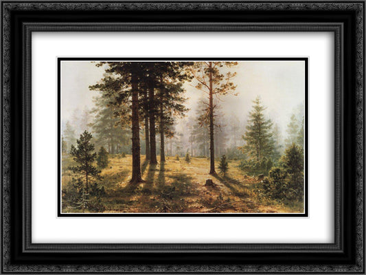 Fog in the forest 24x18 Black Ornate Wood Framed Art Print Poster with Double Matting by Shishkin, Ivan