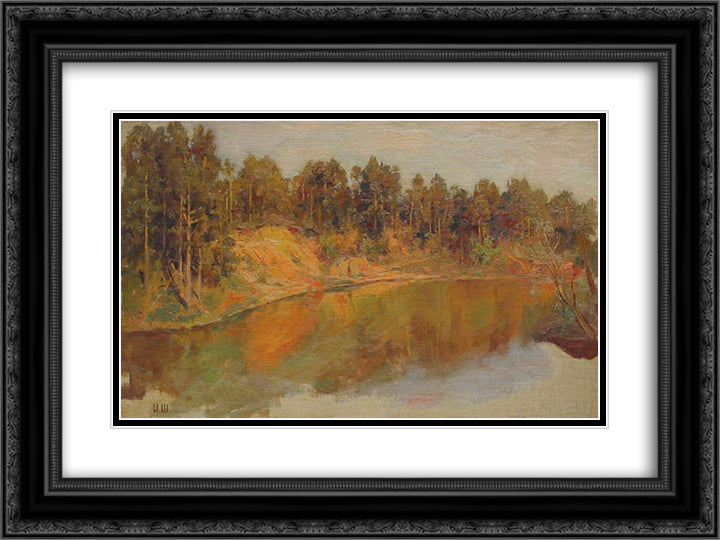 Forest Lake 24x18 Black Ornate Wood Framed Art Print Poster with Double Matting by Shishkin, Ivan