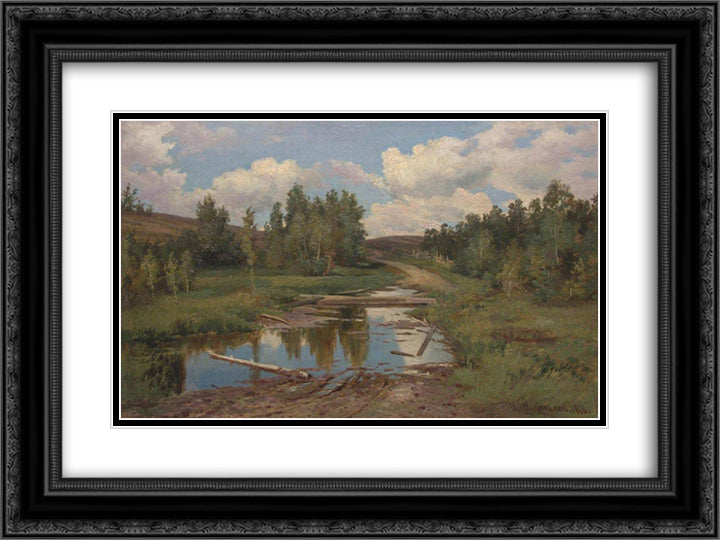 Forest landscape. Road 24x18 Black Ornate Wood Framed Art Print Poster with Double Matting by Shishkin, Ivan