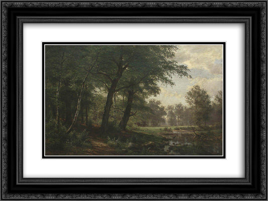 Forest landscape with stream 24x18 Black Ornate Wood Framed Art Print Poster with Double Matting by Shishkin, Ivan