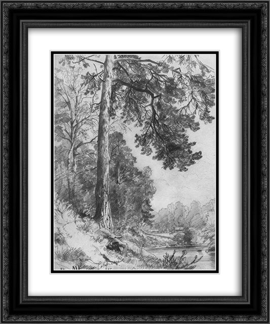 Forest River. Siverskaya 20x24 Black Ornate Wood Framed Art Print Poster with Double Matting by Shishkin, Ivan