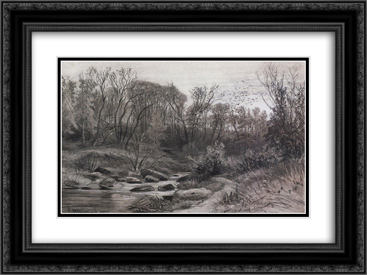 Forest stream. Evening 24x18 Black Ornate Wood Framed Art Print Poster with Double Matting by Shishkin, Ivan