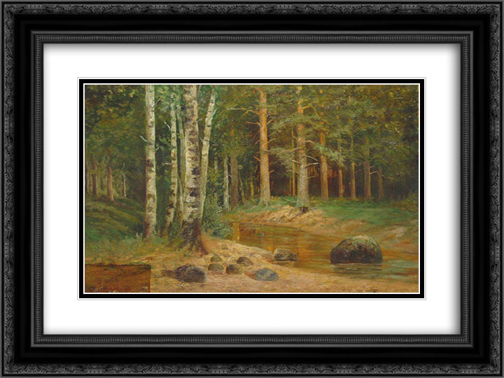 Forest stream 24x18 Black Ornate Wood Framed Art Print Poster with Double Matting by Shishkin, Ivan