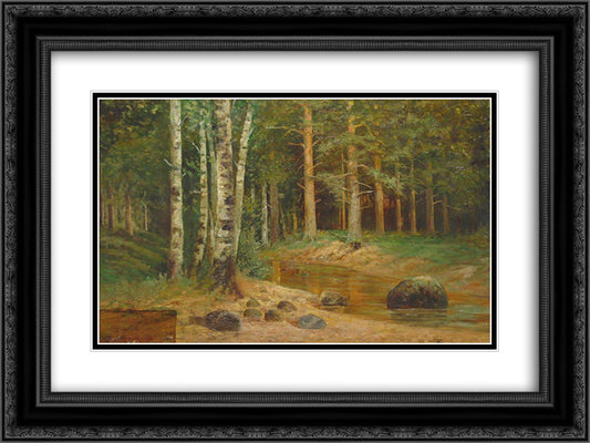 Forest stream 24x18 Black Ornate Wood Framed Art Print Poster with Double Matting by Shishkin, Ivan