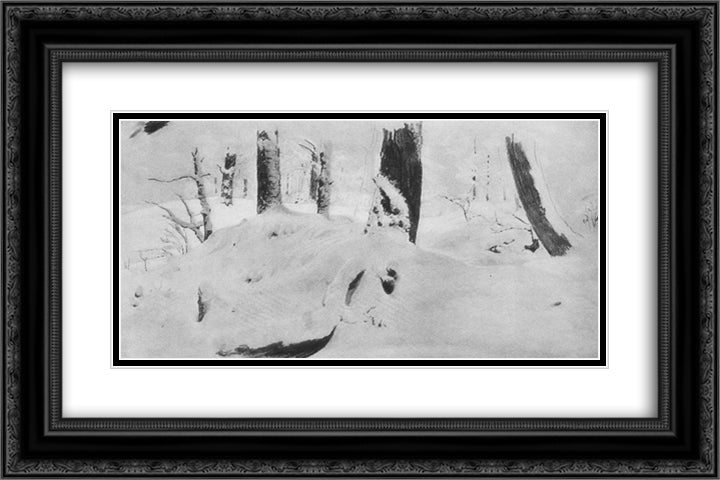 Forest under the snow 24x16 Black Ornate Wood Framed Art Print Poster with Double Matting by Shishkin, Ivan