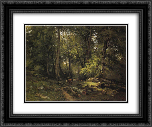 Herd in the forest 24x20 Black Ornate Wood Framed Art Print Poster with Double Matting by Shishkin, Ivan