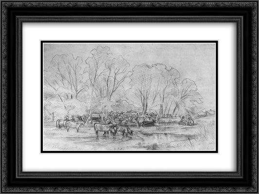 Herd near a stream 24x18 Black Ornate Wood Framed Art Print Poster with Double Matting by Shishkin, Ivan