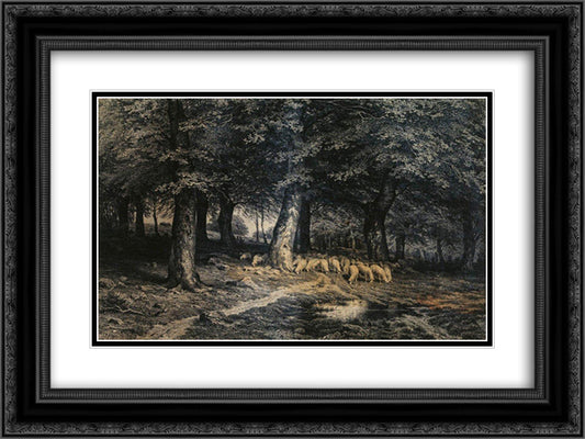 Herd of sheep in the forest 24x18 Black Ornate Wood Framed Art Print Poster with Double Matting by Shishkin, Ivan