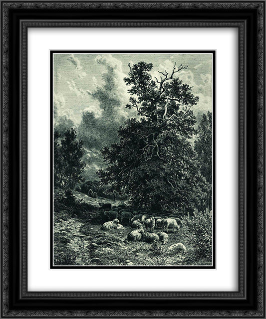 Herd of sheep on the forest edge 20x24 Black Ornate Wood Framed Art Print Poster with Double Matting by Shishkin, Ivan