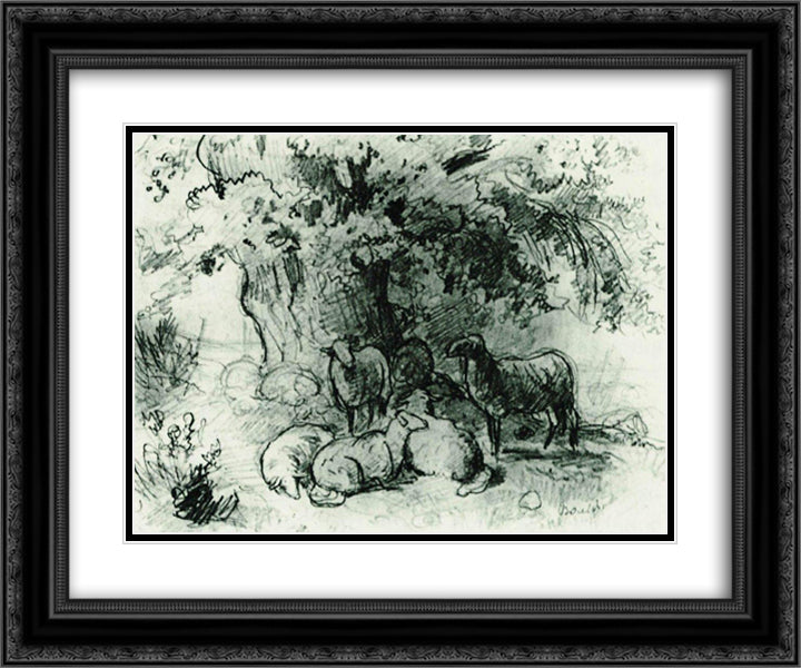 Herd of sheep under an oak tree 24x20 Black Ornate Wood Framed Art Print Poster with Double Matting by Shishkin, Ivan