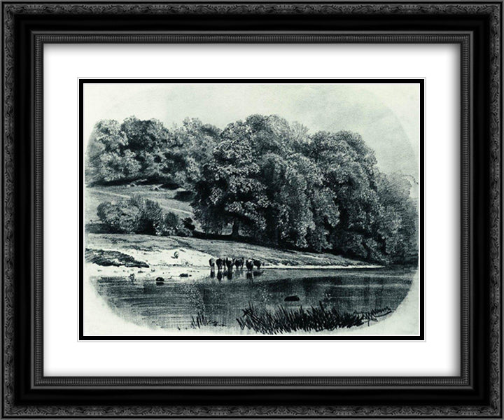 Herd on the river bank 24x20 Black Ornate Wood Framed Art Print Poster with Double Matting by Shishkin, Ivan