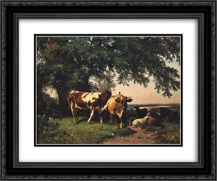 Herd under the trees 24x20 Black Ornate Wood Framed Art Print Poster with Double Matting by Shishkin, Ivan