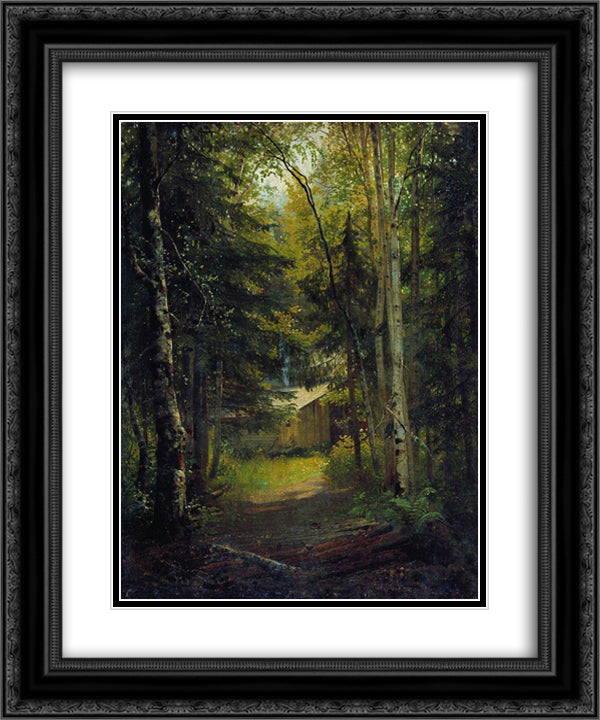 Hut in the the forest 20x24 Black Ornate Wood Framed Art Print Poster with Double Matting by Shishkin, Ivan