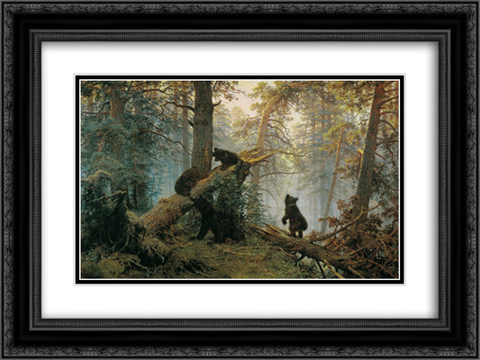 Morning in a Pine Forest 24x18 Black Ornate Wood Framed Art Print Poster with Double Matting by Shishkin, Ivan