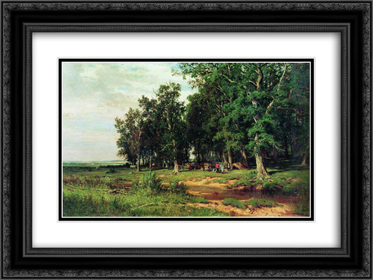 Mowing in the oak grove 24x18 Black Ornate Wood Framed Art Print Poster with Double Matting by Shishkin, Ivan