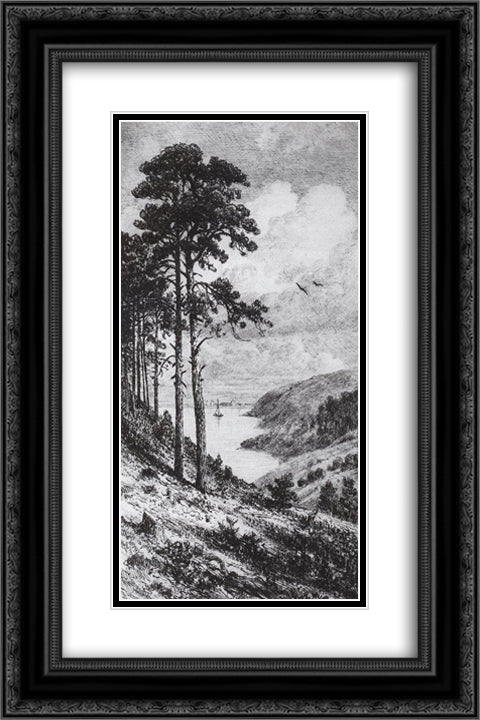 On the Kama near Yelabuga 16x24 Black Ornate Wood Framed Art Print Poster with Double Matting by Shishkin, Ivan