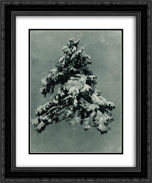Pine in the snow 20x24 Black Ornate Wood Framed Art Print Poster with Double Matting by Shishkin, Ivan