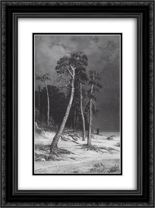 Pines 18x24 Black Ornate Wood Framed Art Print Poster with Double Matting by Shishkin, Ivan