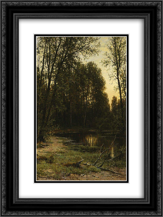 River backwater in the forest 18x24 Black Ornate Wood Framed Art Print Poster with Double Matting by Shishkin, Ivan