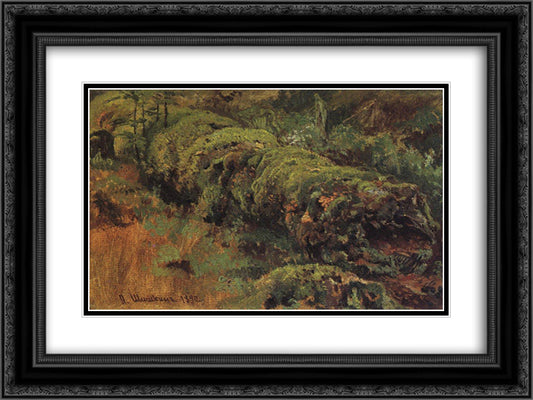 Rotten wood, covered with moss 24x18 Black Ornate Wood Framed Art Print Poster with Double Matting by Shishkin, Ivan