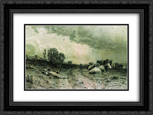 Summer in the field (Landscape with a Herd) 24x18 Black Ornate Wood Framed Art Print Poster with Double Matting by Shishkin, Ivan