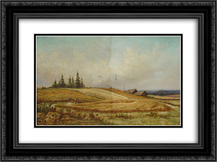 Summer landscape with two houses 24x18 Black Ornate Wood Framed Art Print Poster with Double Matting by Shishkin, Ivan