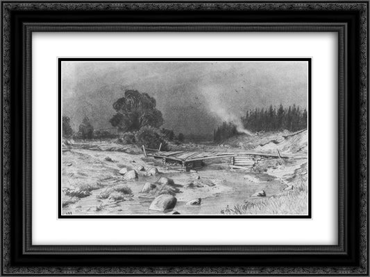 The bridge over the river 24x18 Black Ornate Wood Framed Art Print Poster with Double Matting by Shishkin, Ivan