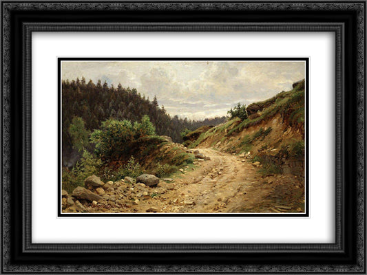 The road 24x18 Black Ornate Wood Framed Art Print Poster with Double Matting by Shishkin, Ivan
