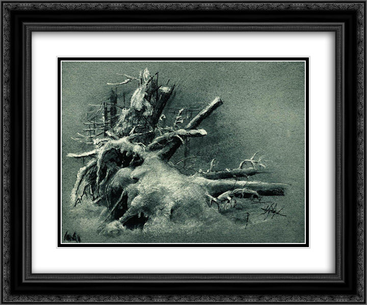 Uprooted stumps under the snow 24x20 Black Ornate Wood Framed Art Print Poster with Double Matting by Shishkin, Ivan