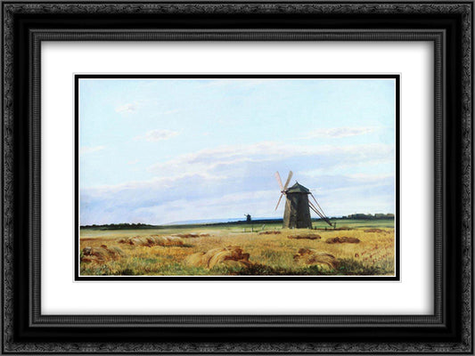 Windmill in the field 24x18 Black Ornate Wood Framed Art Print Poster with Double Matting by Shishkin, Ivan