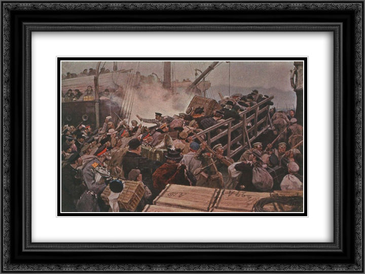 Flight of the bourgeoisie from Novorossiysk in 1920 24x18 Black Ornate Wood Framed Art Print Poster with Double Matting by Vladimirov, Ivan